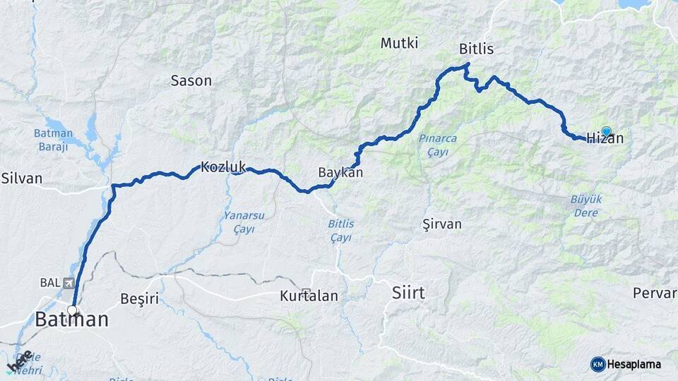 Bitlis Hizan Batman Arası Kaç Km - Yol Haritası