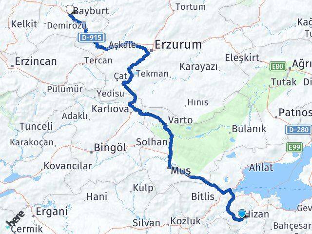 Bitlis Hizan Bayburt Arası Kaç Km - Yol Haritası