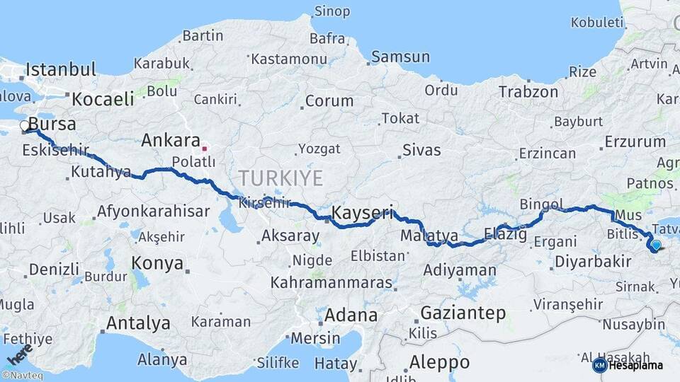 Bitlis Hizan Bursa Arası Kaç Km - Yol Haritası