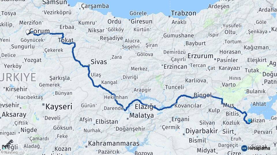 Bitlis Hizan Çorum Arası Kaç Km - Yol Haritası