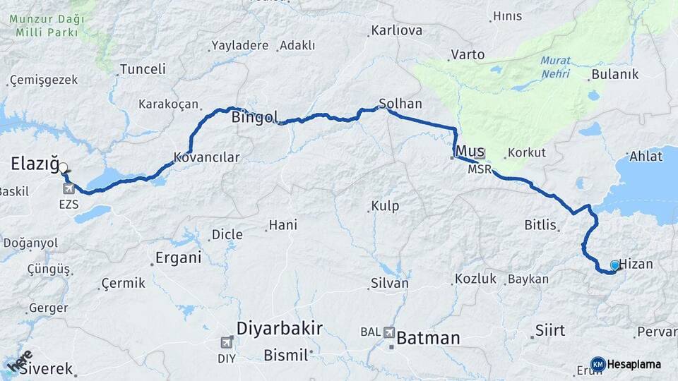 Bitlis Hizan Elazığ Arası Kaç Km - Yol Haritası