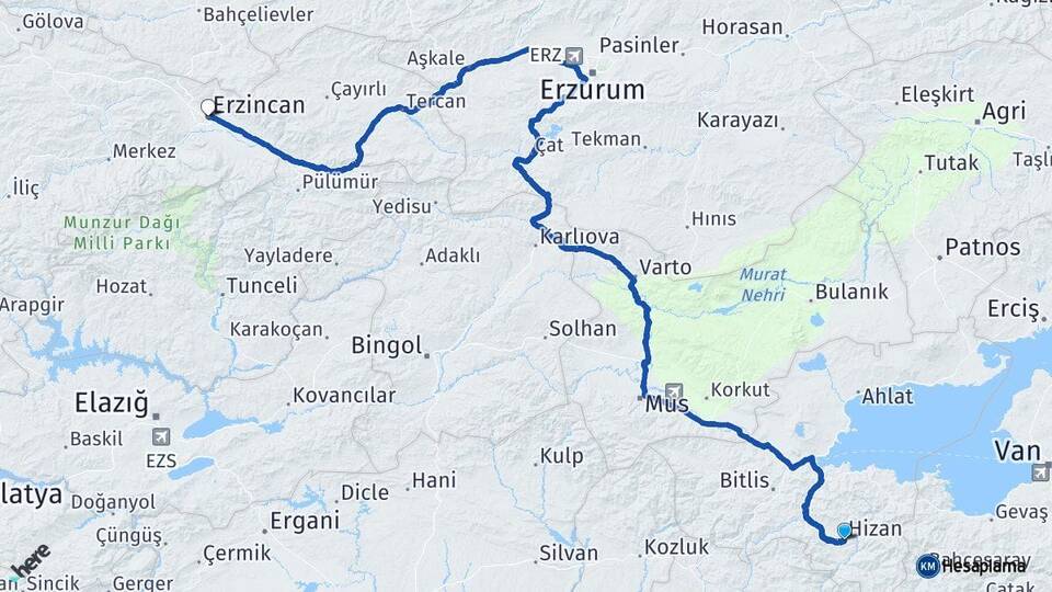 Bitlis Hizan Erzincan Arası Kaç Km - Yol Haritası
