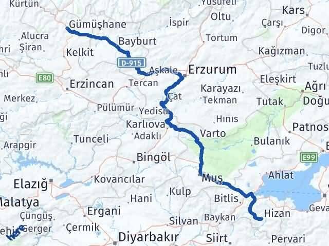 Bitlis Hizan Gümüşhane Arası Kaç Km - Yol Haritası