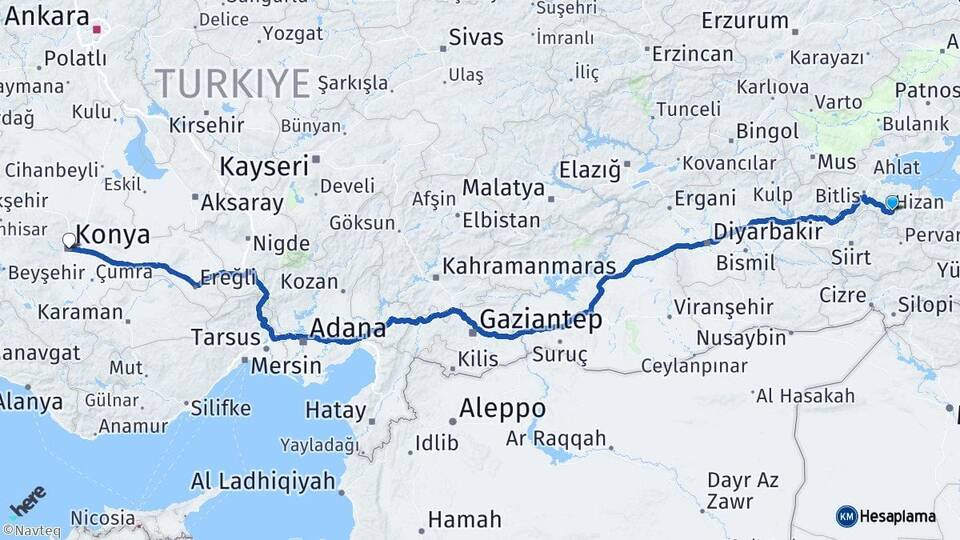 Bitlis Hizan Konya Arası Kaç Km - Yol Haritası
