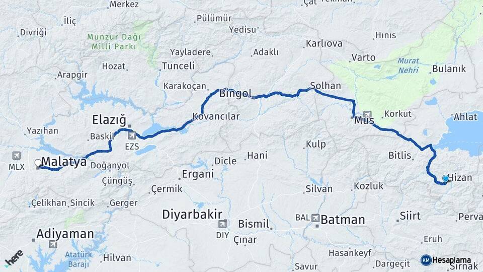 Bitlis Hizan Malatya Arası Kaç Km - Yol Haritası