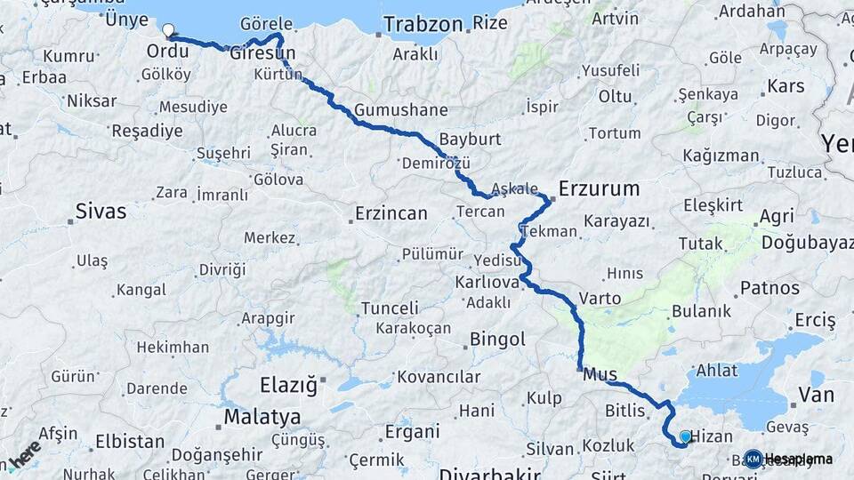 Bitlis Hizan Ordu Arası Kaç Km - Yol Haritası