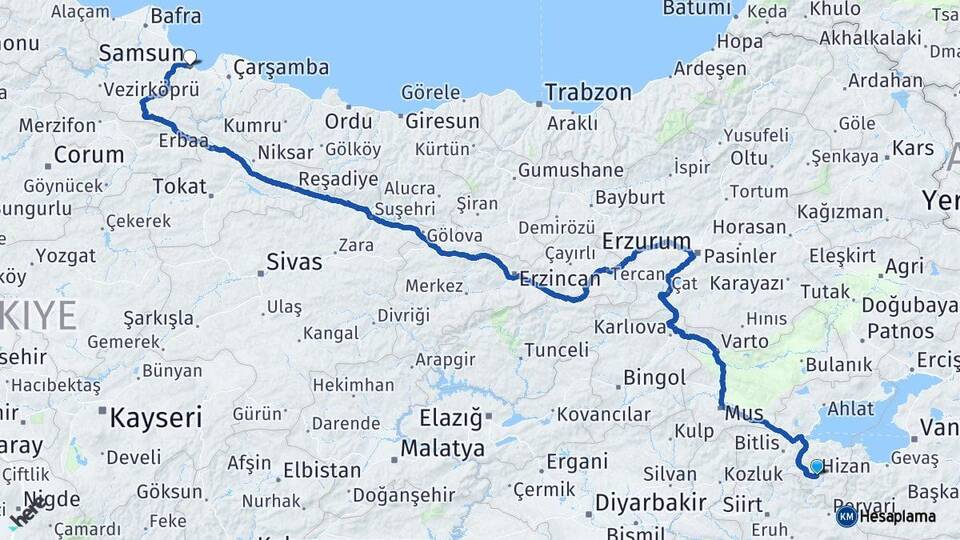 Bitlis Hizan Samsun Arası Kaç Km - Yol Haritası