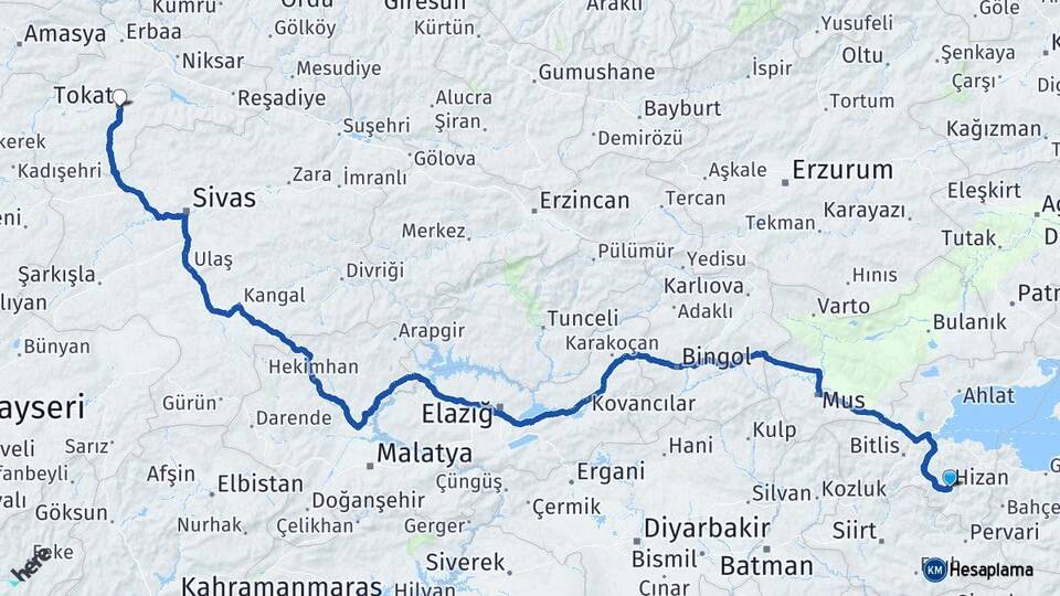 Bitlis Hizan Tokat Arası Kaç Km - Yol Haritası