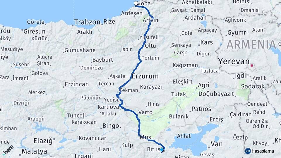 Bitlis Hopa Artvin Arası Kaç Km - Yol Haritası