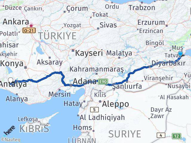 Bitlis İbradı Antalya Arası Kaç Km - Yol Haritası