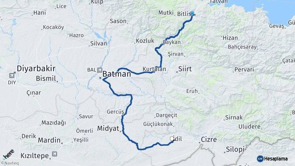 Bitlis İdil Şırnak Arası Kaç Km - Yol Haritası