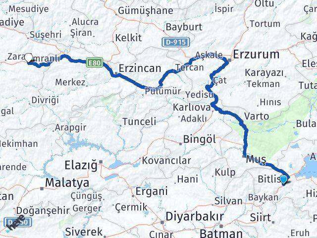 Bitlis İmranlı Sivas Arası Kaç Km - Yol Haritası