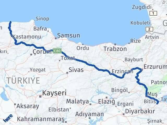 Bitlis İnebolu Kastamonu Arası Kaç Km - Yol Haritası