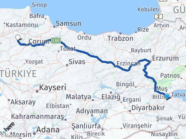 Bitlis İskilip Çorum Arası Kaç Km - Yol Haritası