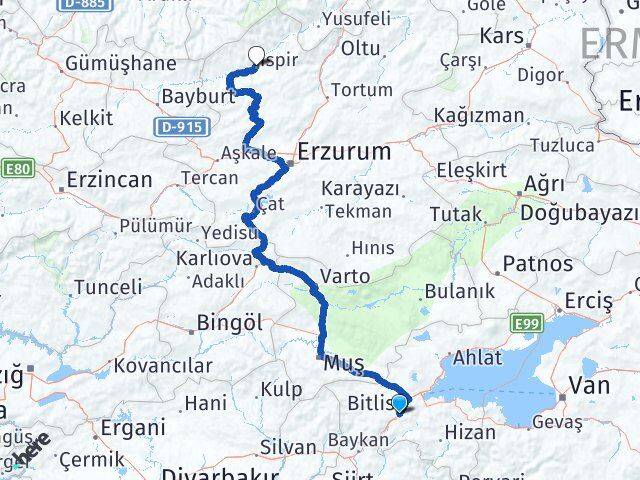 Bitlis İspir Erzurum Arası Kaç Km - Yol Haritası