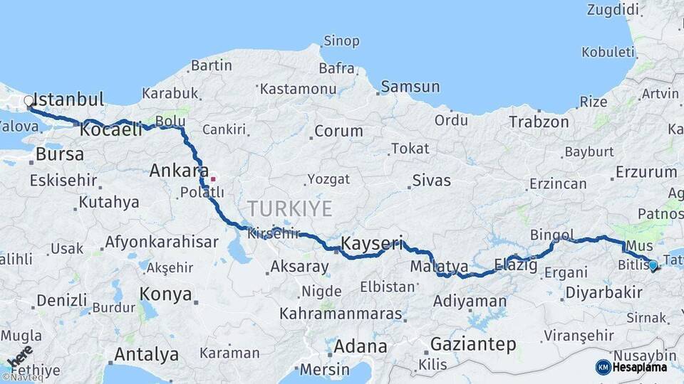 Bitlis İstanbul Arası Kaç Km - Yol Haritası