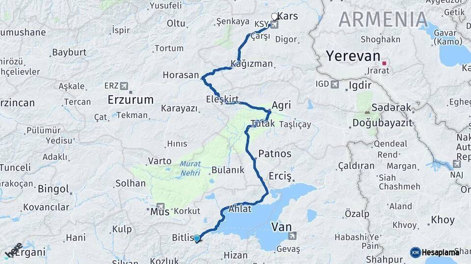 Bitlis Kars Arası Kaç Km - Yol Haritası