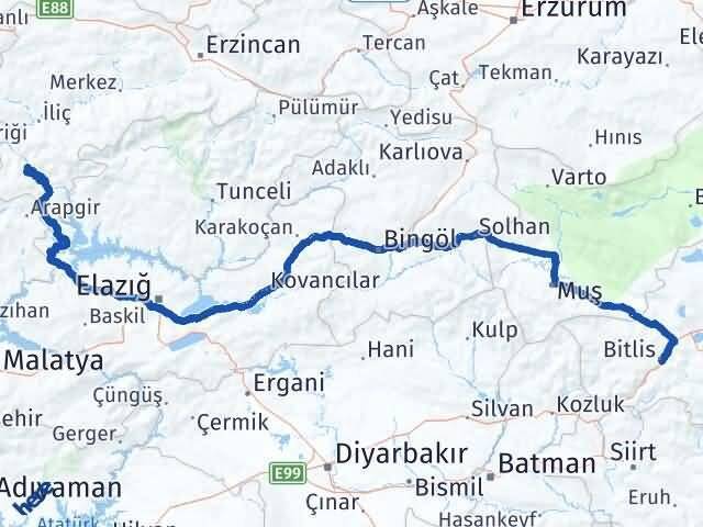 Bitlis Kemaliye Erzincan Arası Kaç Km - Yol Haritası