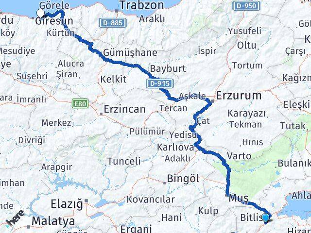 Bitlis Keşap Giresun Arası Kaç Km - Yol Haritası