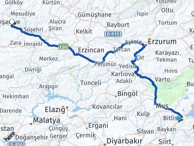 Bitlis Koyulhisar Sivas Arası Kaç Km - Yol Haritası