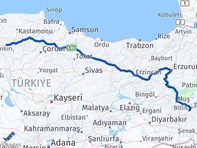 Bitlis Kurşunlu Çankırı Arası Kaç Km - Yol Haritası