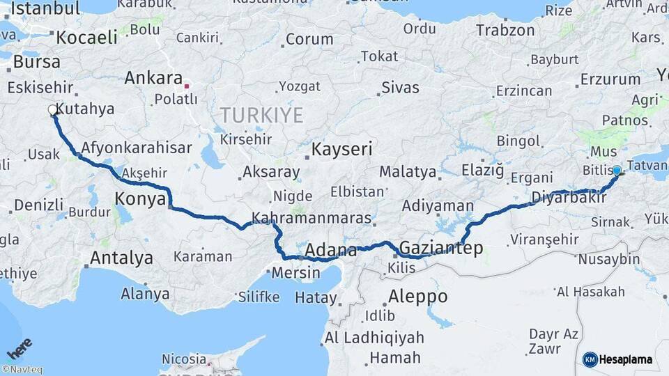 Bitlis Kütahya Arası Kaç Km - Yol Haritası