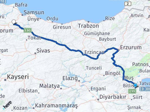 Bitlis Ladik Samsun Arası Kaç Km - Yol Haritası