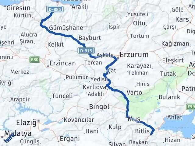 Bitlis Maçka Trabzon Arası Kaç Km - Yol Haritası