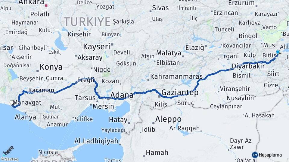 Bitlis Manavgat Antalya Arası Kaç Km - Yol Haritası