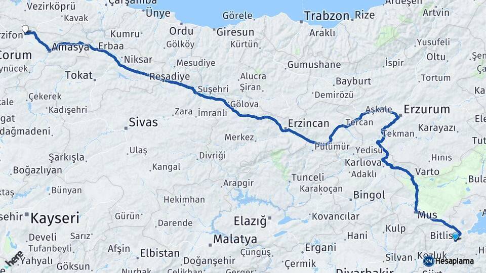 Bitlis Merzifon Amasya Arası Kaç Km - Yol Haritası