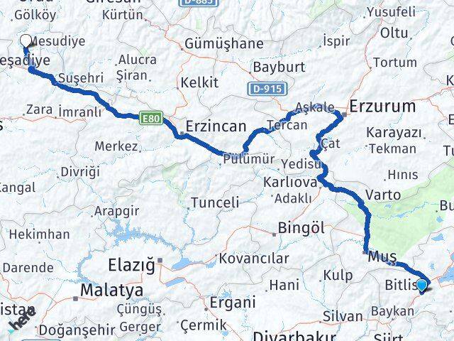 Bitlis Mesudiye Ordu Arası Kaç Km - Yol Haritası