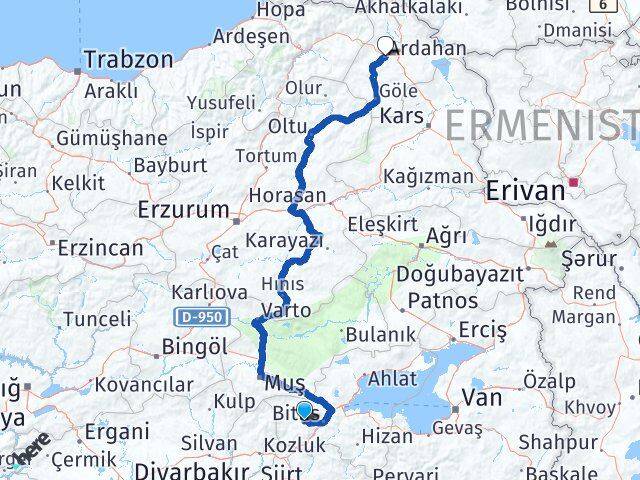 Bitlis Mutki Ardahan Arası Kaç Km - Yol Haritası
