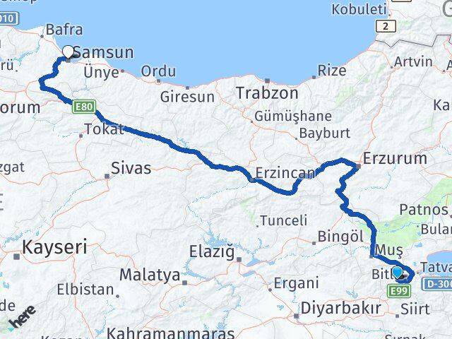 Bitlis Mutki Samsun Arası Kaç Km - Yol Haritası