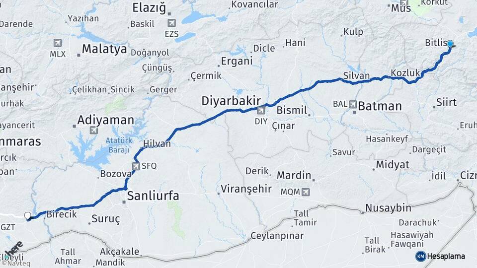 Bitlis Nizip Gaziantep Arası Kaç Km - Yol Haritası