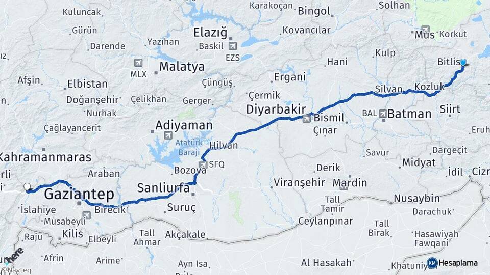 Bitlis Nurdağı Gaziantep Arası Kaç Km - Yol Haritası