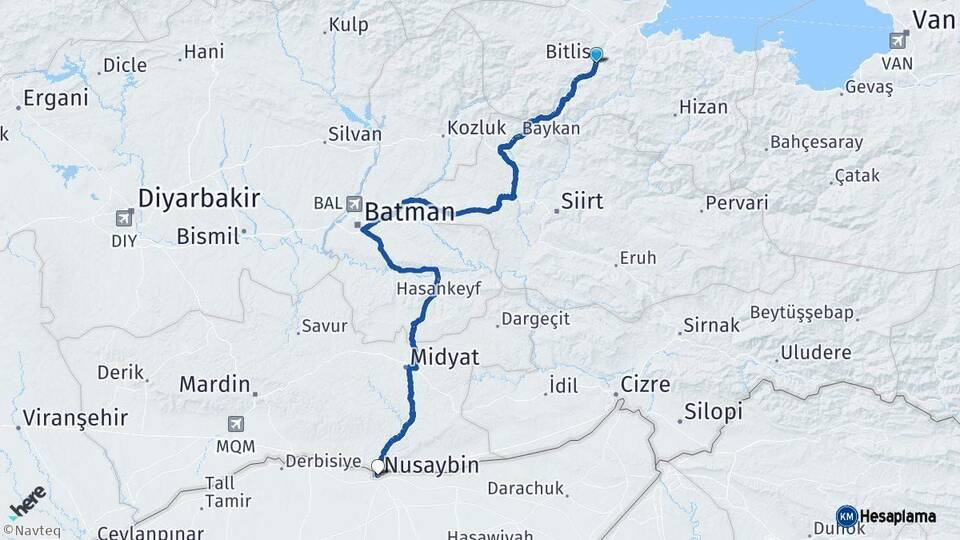 Bitlis Nusaybin Mardin Arası Kaç Km - Yol Haritası
