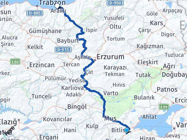Bitlis Of Trabzon Arası Kaç Km - Yol Haritası