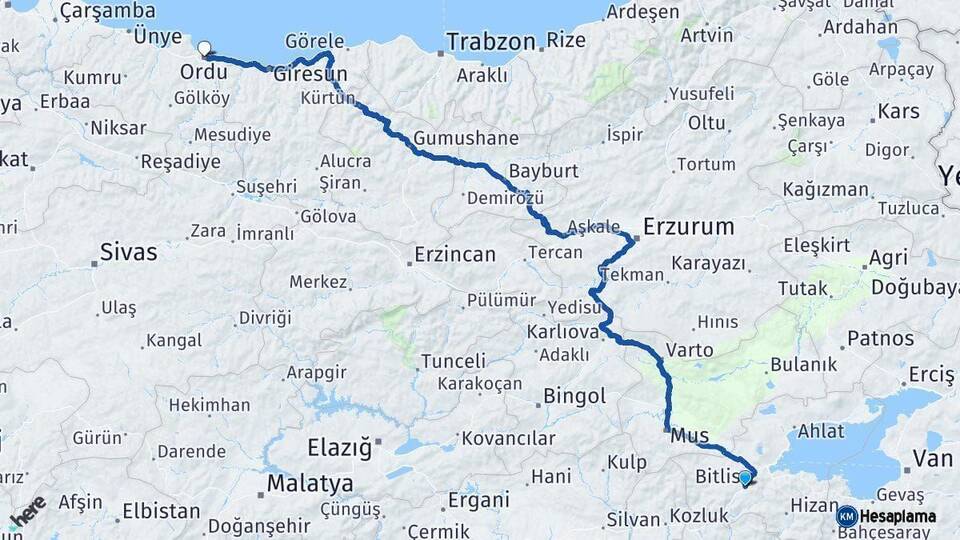 Bitlis Ordu Arası Kaç Km - Yol Haritası