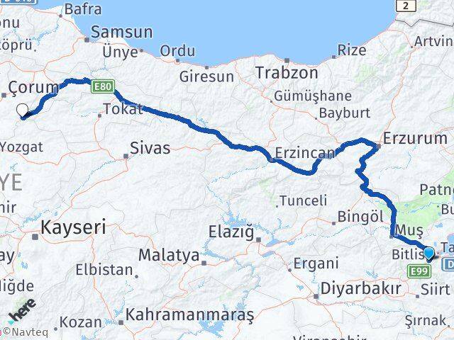 Bitlis Ortaköy Çorum Arası Kaç Km - Yol Haritası