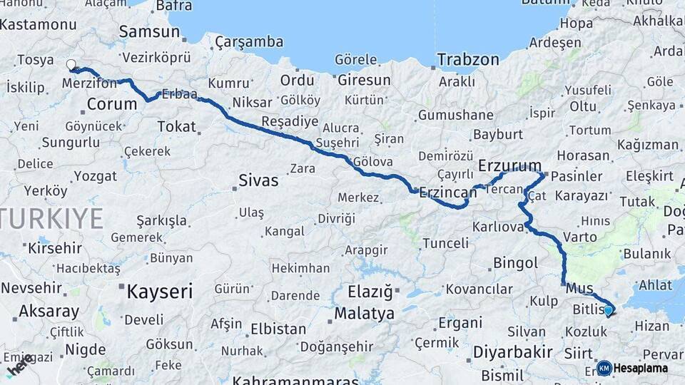 Bitlis Osmancık Çorum Arası Kaç Km - Yol Haritası