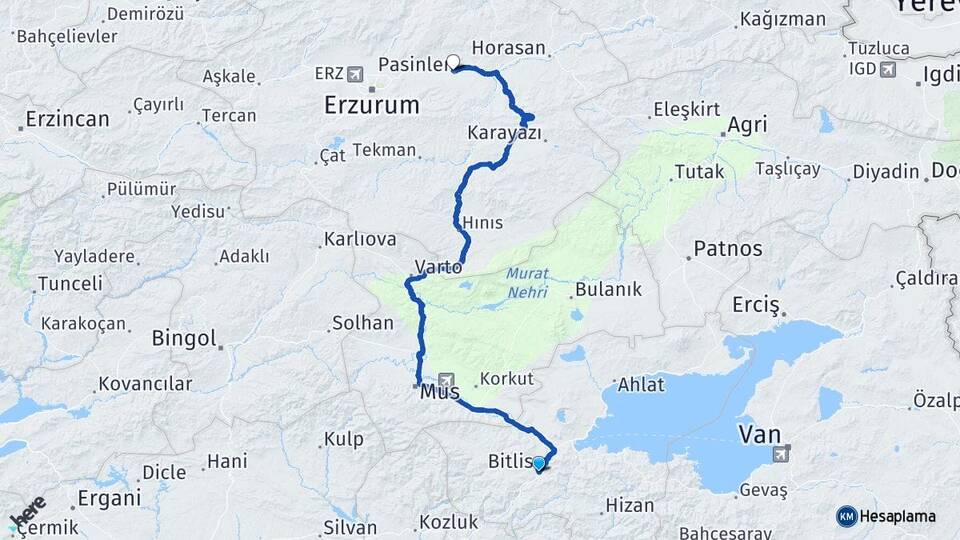 Bitlis Pasinler Erzurum Arası Kaç Km - Yol Haritası