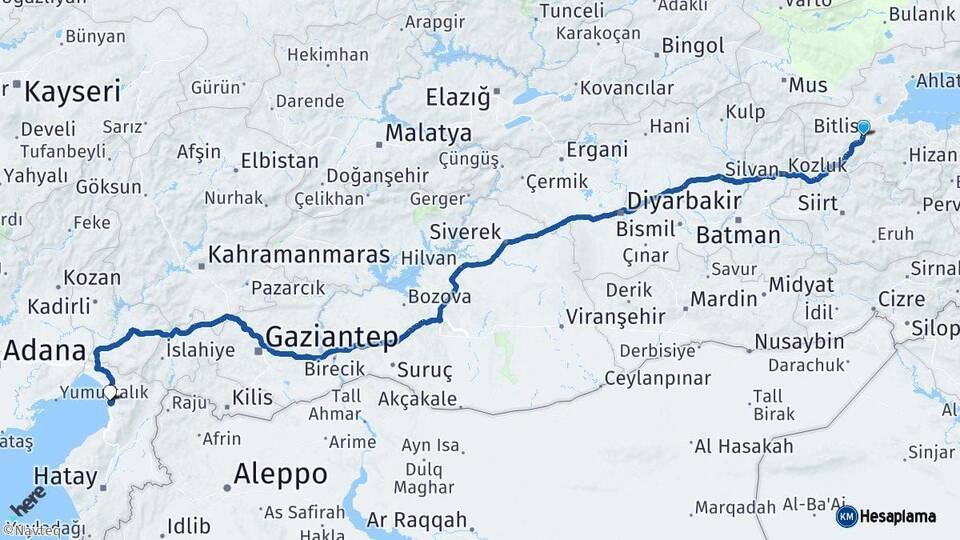 Bitlis Payas Hatay Arası Kaç Km - Yol Haritası