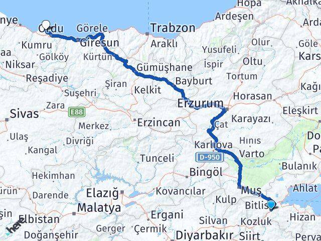 Bitlis Perşembe Ordu Arası Kaç Km - Yol Haritası