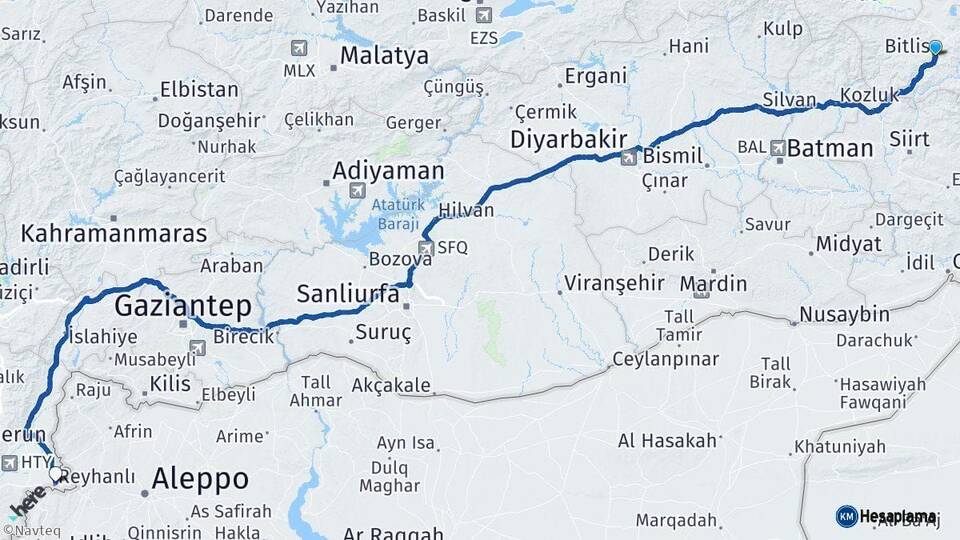 Bitlis Reyhanlı Hatay Arası Kaç Km - Yol Haritası