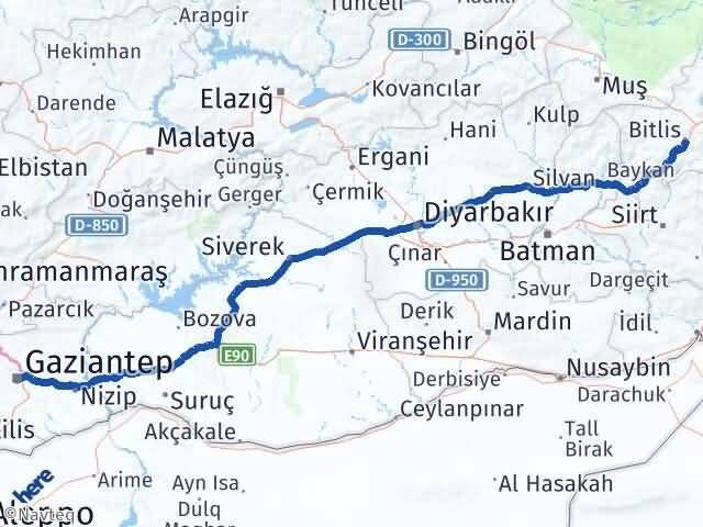 Bitlis Şahinbey Gaziantep Arası Kaç Km - Yol Haritası