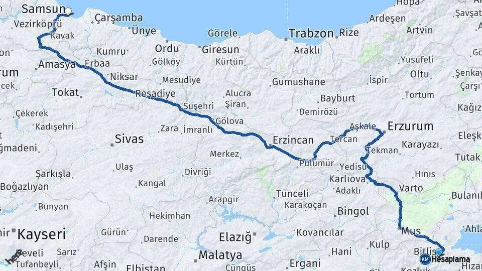 Bitlis Samsun Arası Kaç Km - Yol Haritası