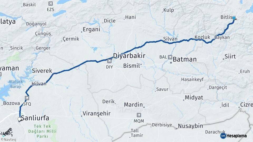 Bitlis Şanlıurfa Arası Kaç Km - Yol Haritası