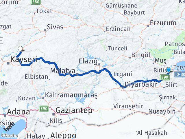 Bitlis Sarıoğlan Kayseri Arası Kaç Km - Yol Haritası