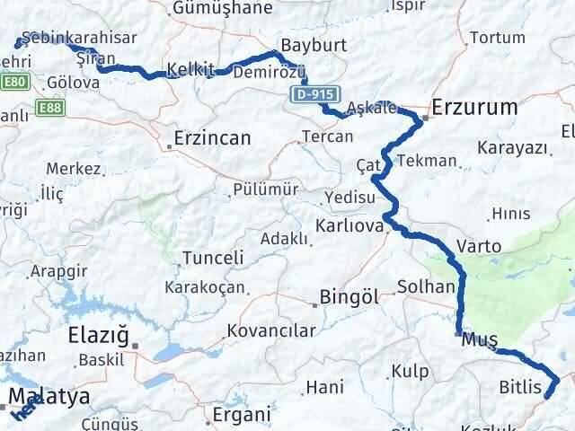 Bitlis Şebinkarahisar Giresun Arası Kaç Km - Yol Haritası