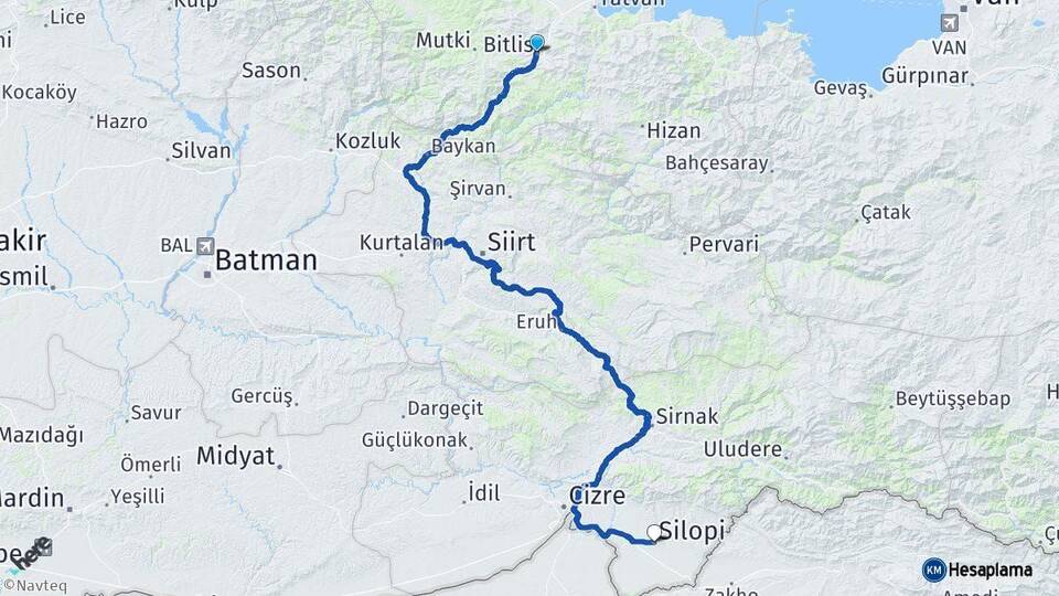 Bitlis Silopi Şırnak Arası Kaç Km - Yol Haritası